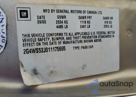 2001 Buick Century Custom z USA, uszkodzony, nr VIN 2G4WS52J011175695